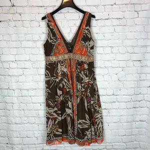 Nicole Miller Silk Brown Sleeveless Pleated Dress